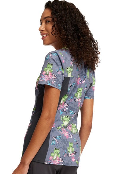 Clearance Women's Knit Panel Toad-ally Floral Friends Print Scrub Top, , large