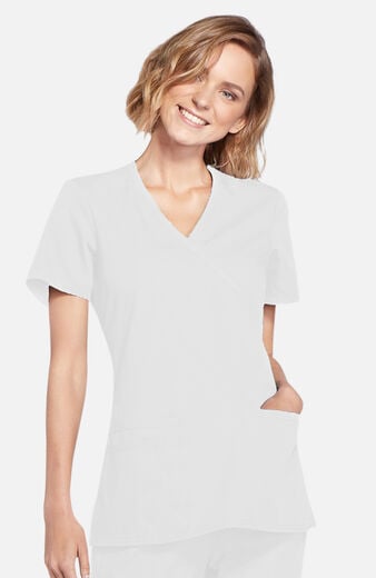 Women's Mock Wrap Knit Panel Solid Scrub Top Women's Mock Wrap Knit Panel Solid Scrub Top
