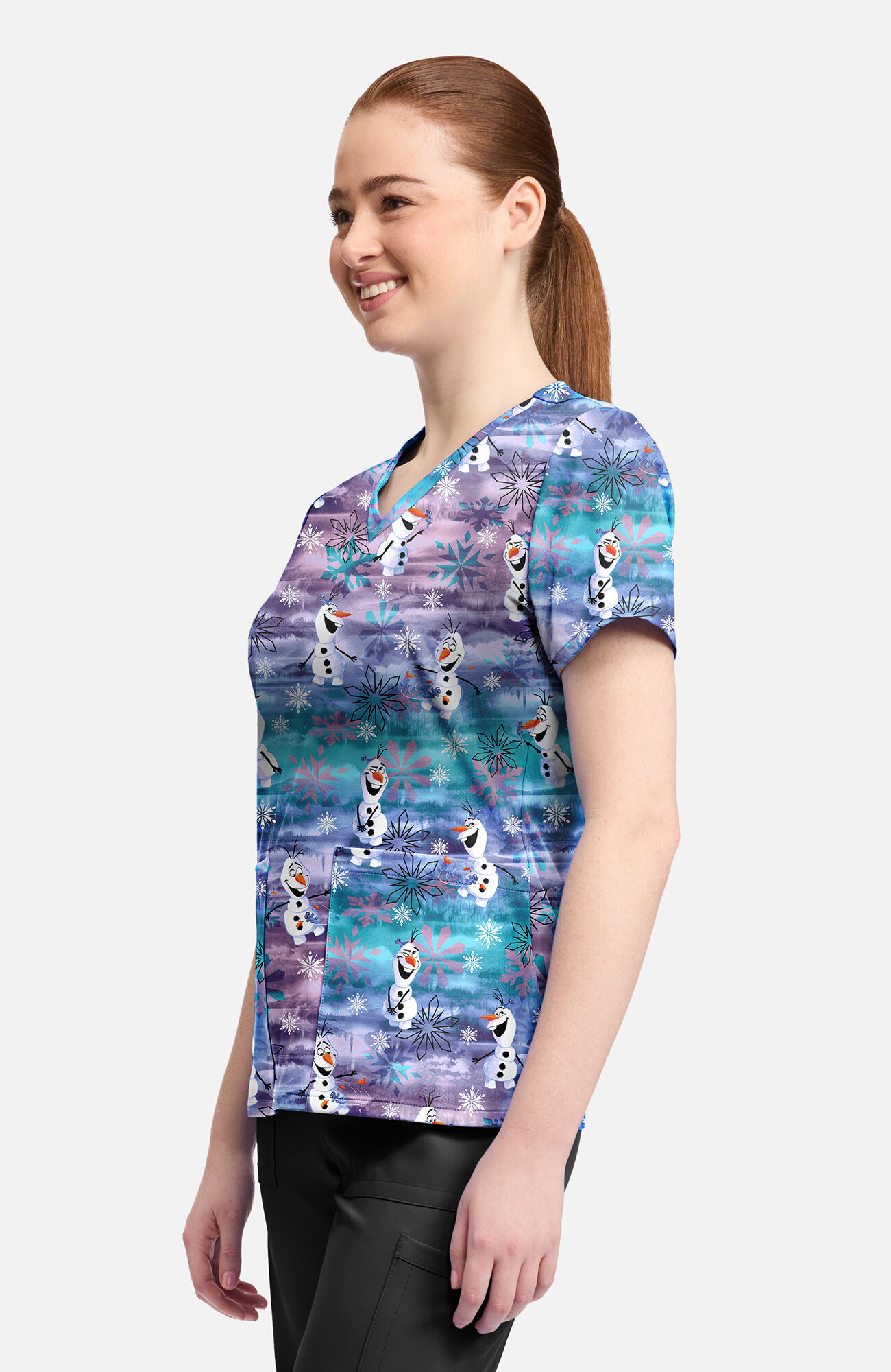 Women's Olaf In Arendelle Print Scrub Top, , large