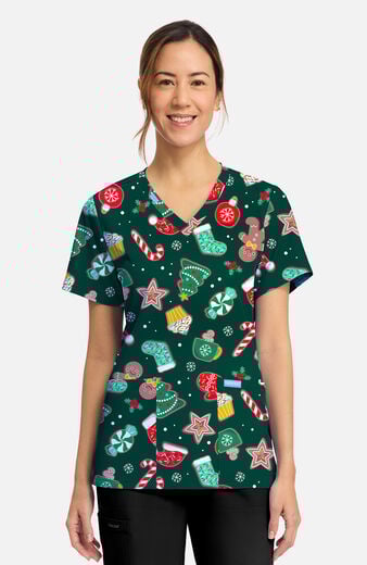 Women's Waiting For Santa Print Scrub Top Women's Waiting For Santa Print Scrub Top