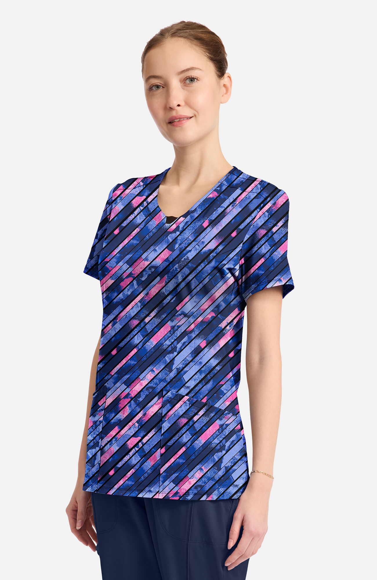 Women's Round Neck Staggered Marble Print Scrub Top, , large