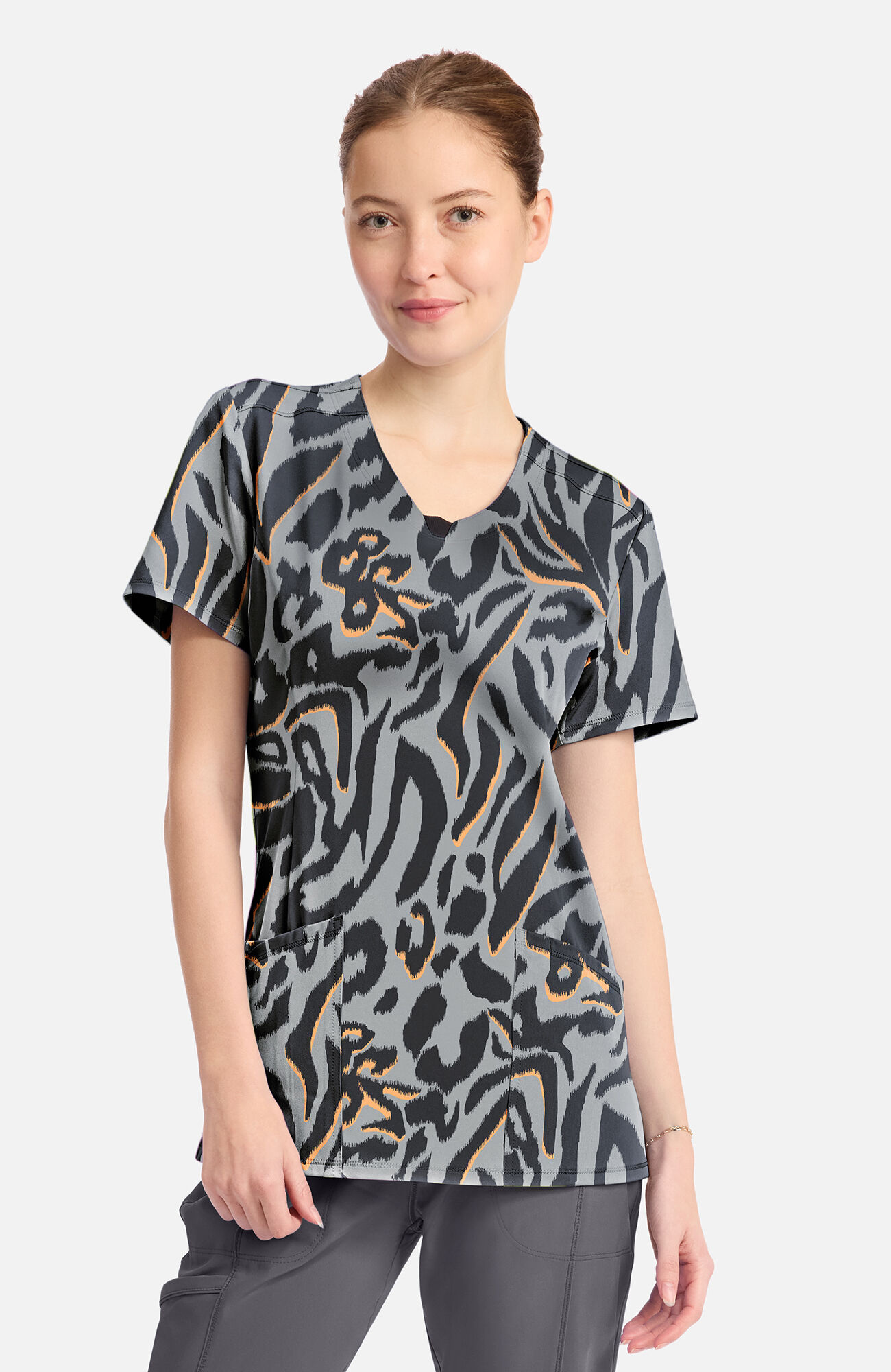 Women's Round Neck Big Cat Print Scrub Top