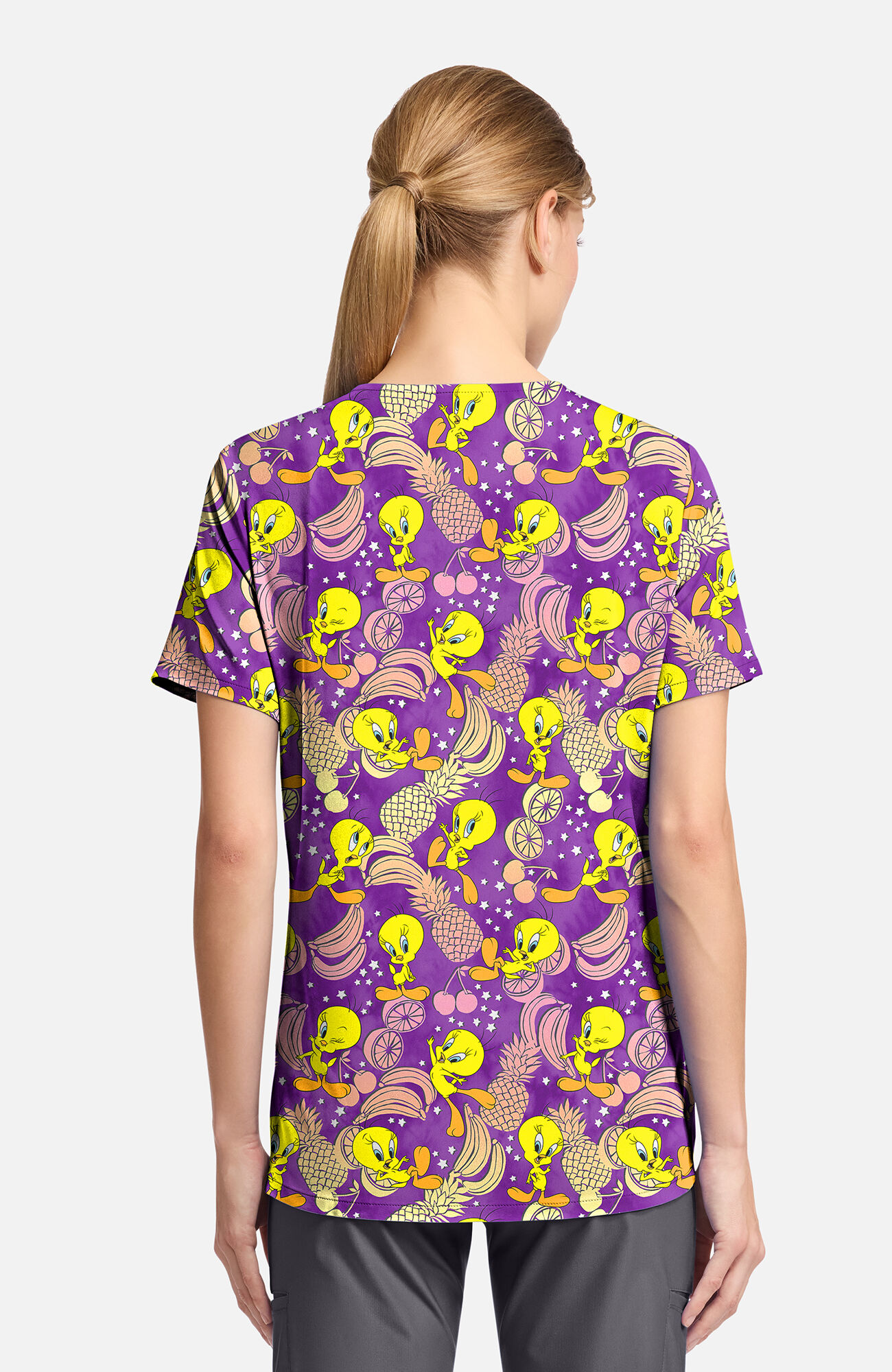 Women's Tropical Tweety Print Scrub Top, , large