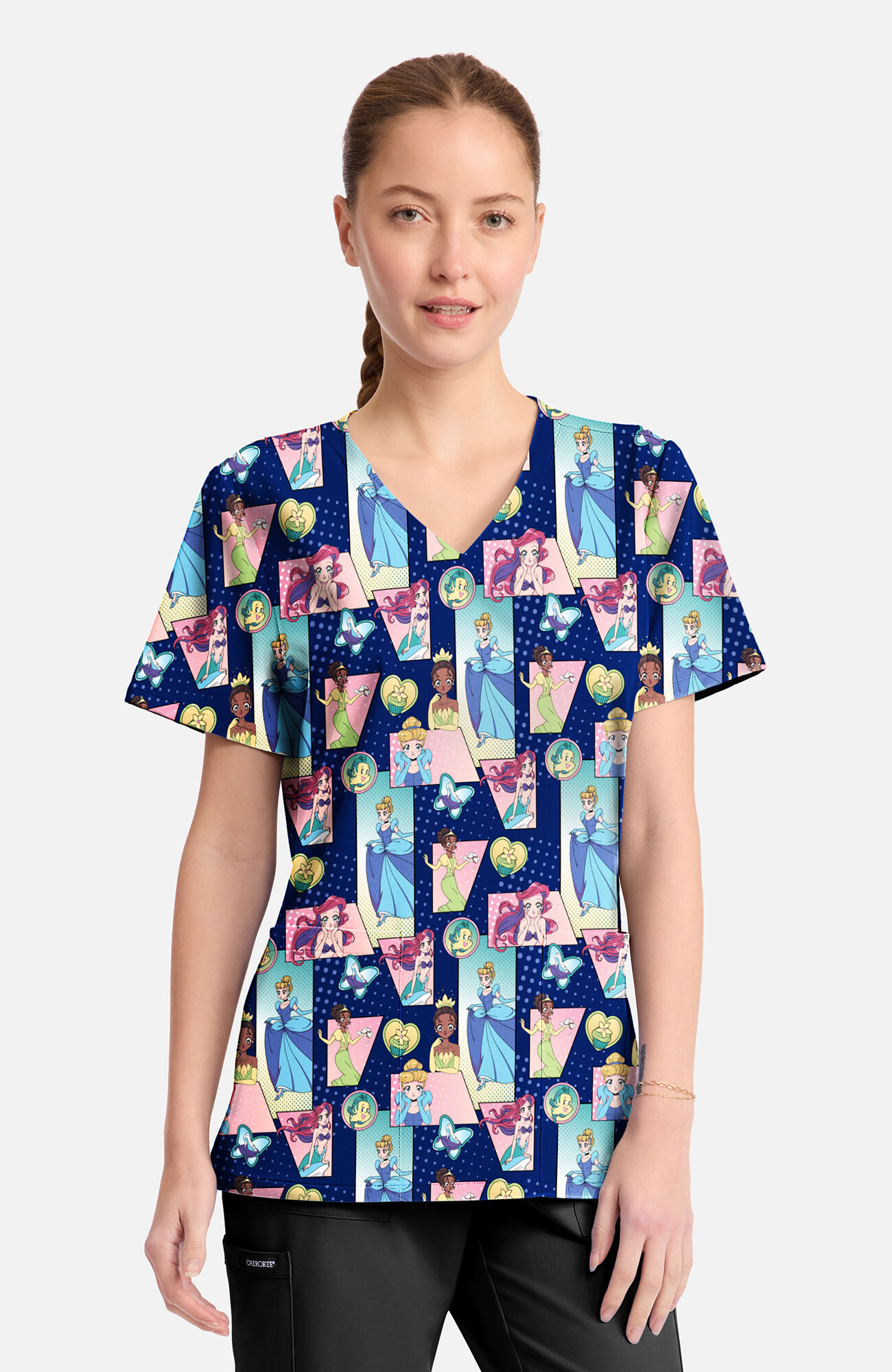 Women's Comic Princess Print Scrub Top, , large