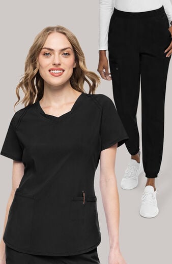 Women's Scrub Set: Layered V-Neck Top & Mid Rise Pull On Jogger Pant Women's Scrub Set: Layered V-Neck Top & Mid Rise Pull On Jogger Pant