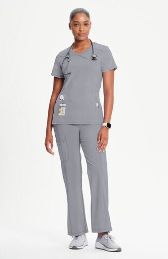 Women's 4-Pocket Knit Panel Mock Wrap Scrub Top Women's 4-Pocket Knit Panel Mock Wrap Scrub Top