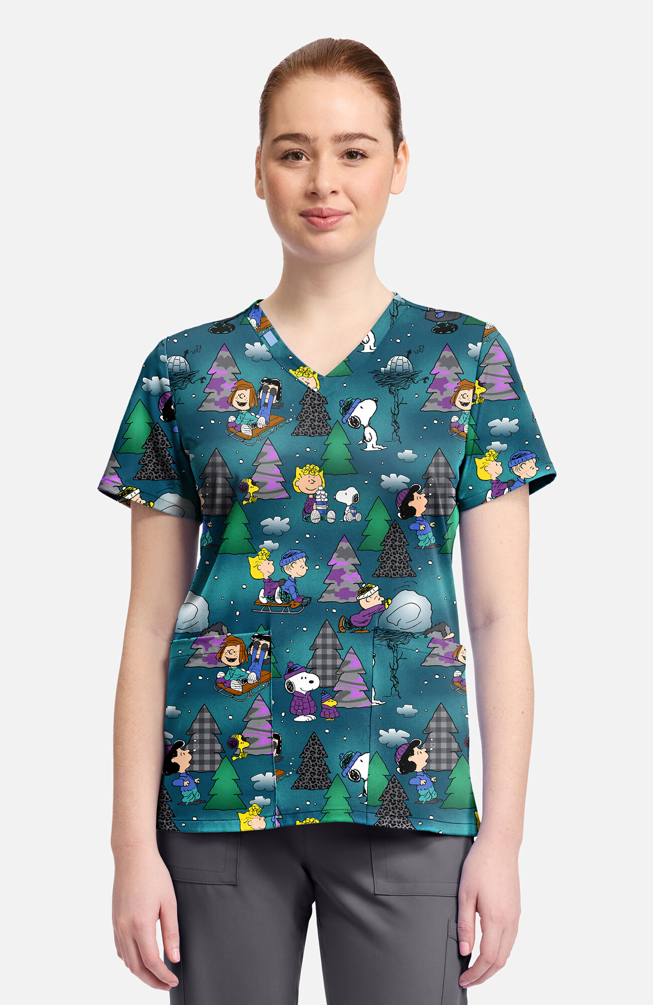 Women's Snoopy Winter Forest Print Scrub Top, , large