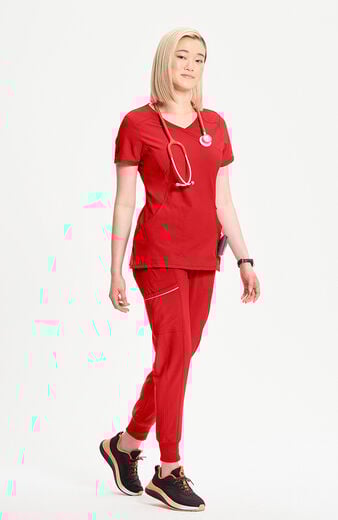 Women's 4-Pocket Knit Panel Mock Wrap Scrub Top Women's 4-Pocket Knit Panel Mock Wrap Scrub Top