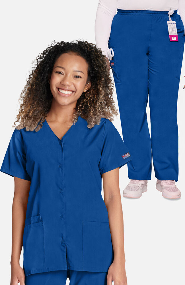 Women s Snap Front Solid Scrub Top Elastic Waistband Cargo Scrub