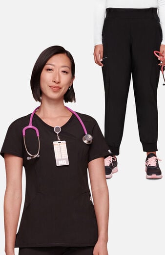 Women's Scrub Set: Mock Wrap Solid Top & Tapered Jogger Pant Women's Scrub Set: Mock Wrap Solid Top & Tapered Jogger Pant