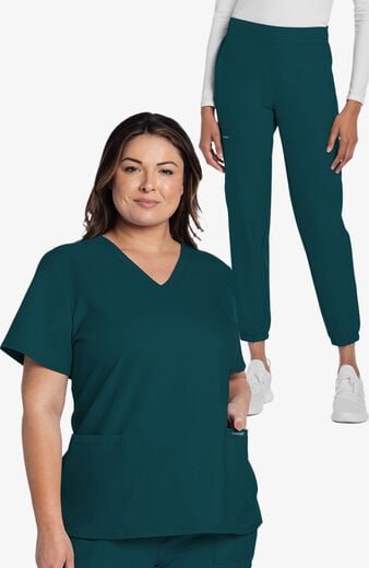 Women's Scrub Set: Rounded V-Neck Top & 5-Pocket Cargo Jogger Pant Women's Scrub Set: Rounded V-Neck Top & 5-Pocket Cargo Jogger Pant