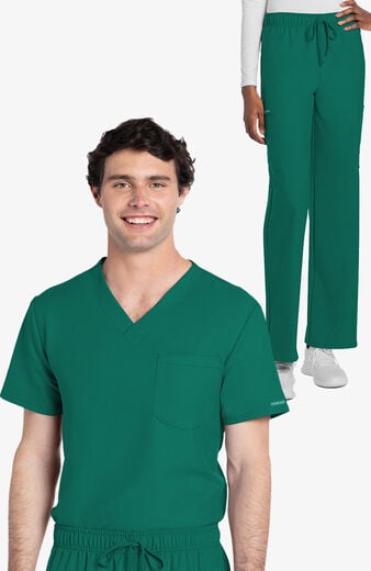 Unisex Scrub Set: Tuck-In 1-Pocket V-Neck Top & 3-Pocket Straight Leg Drawstring Pant Unisex Scrub Set: Tuck-In 1-Pocket V-Neck Top & 3-Pocket Straight Leg Drawstring Pant