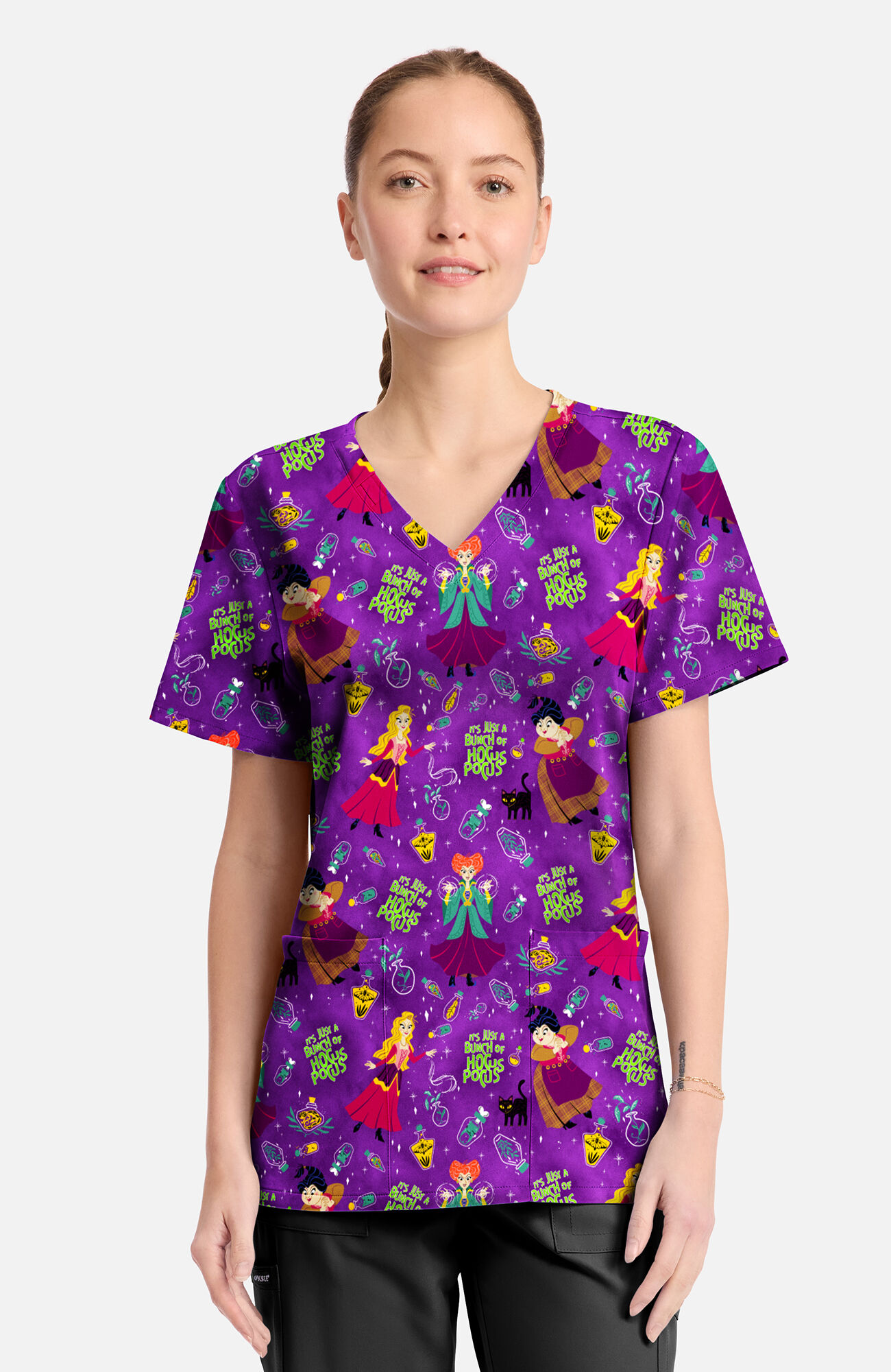 Women's Bunch Of Hocus Pocus Print Scrub Top, , large