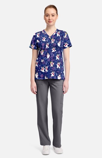 Women's Frosty Snowman Chilly Tiles Print Scrub Top Women's Frosty Snowman Chilly Tiles Print Scrub Top