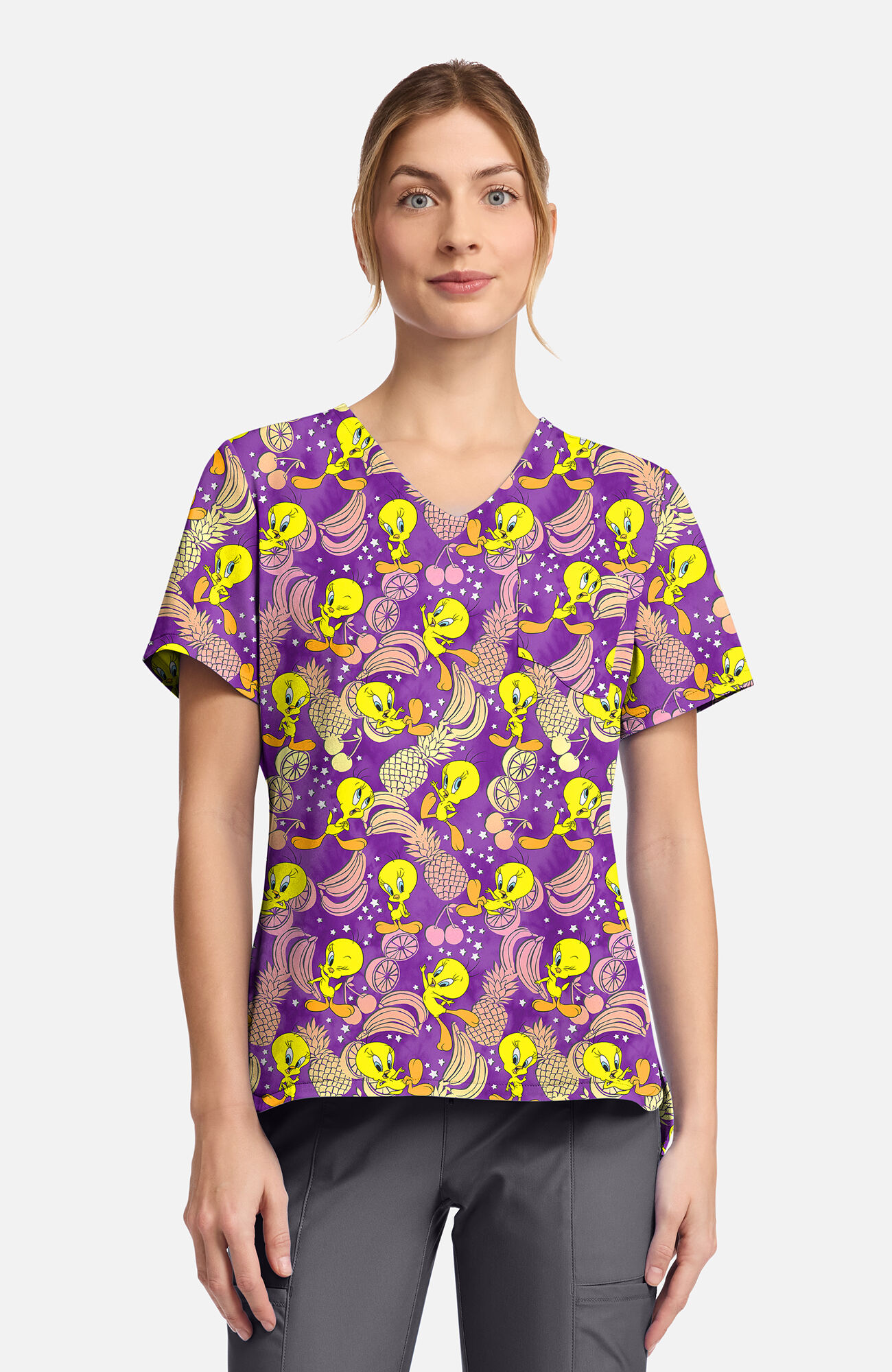 Women's Tropical Tweety Print Scrub Top, , large