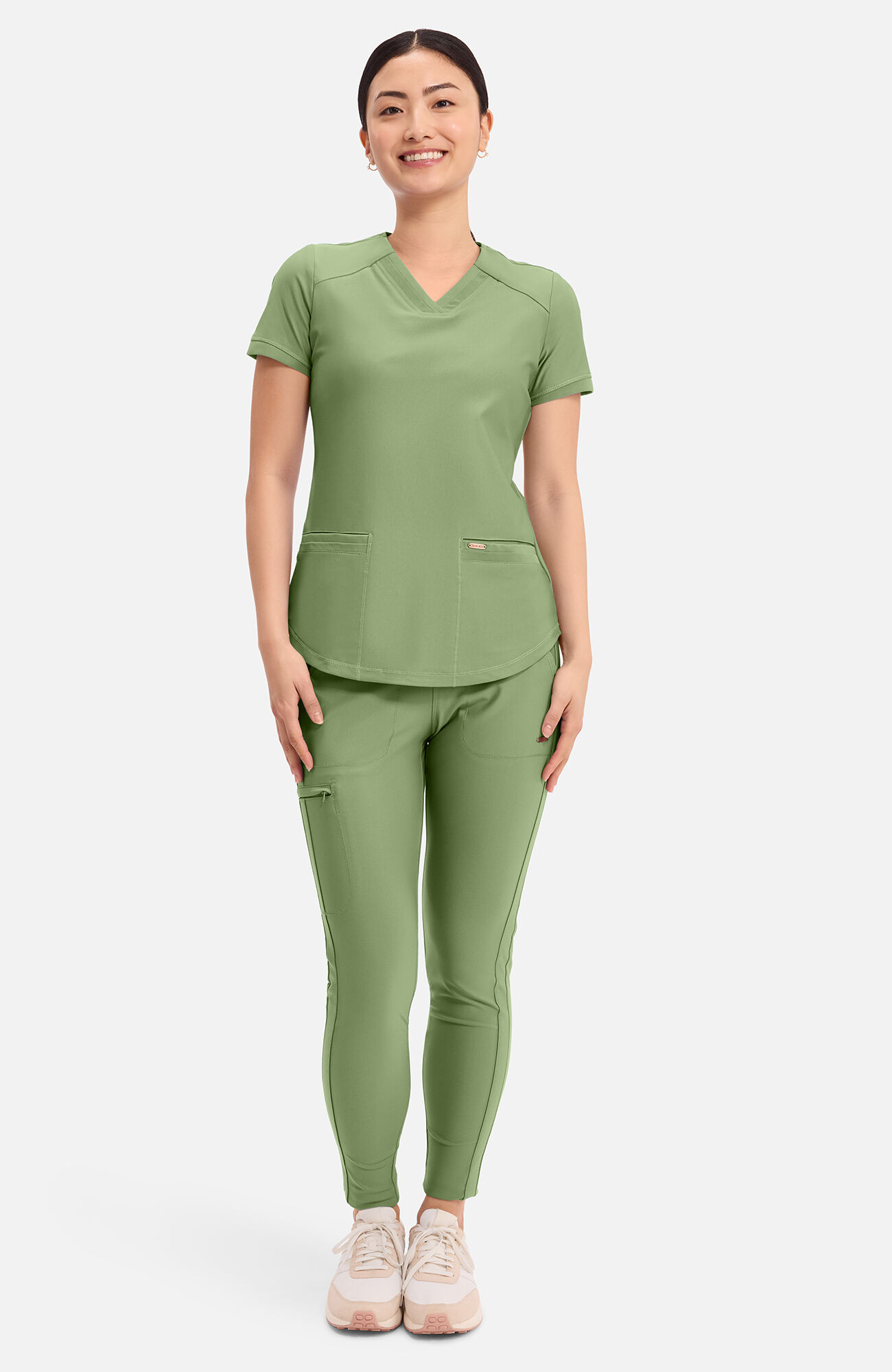 Women's Curved Hemline V-Neck Scrub Top, BRS Bright Sage | green, large