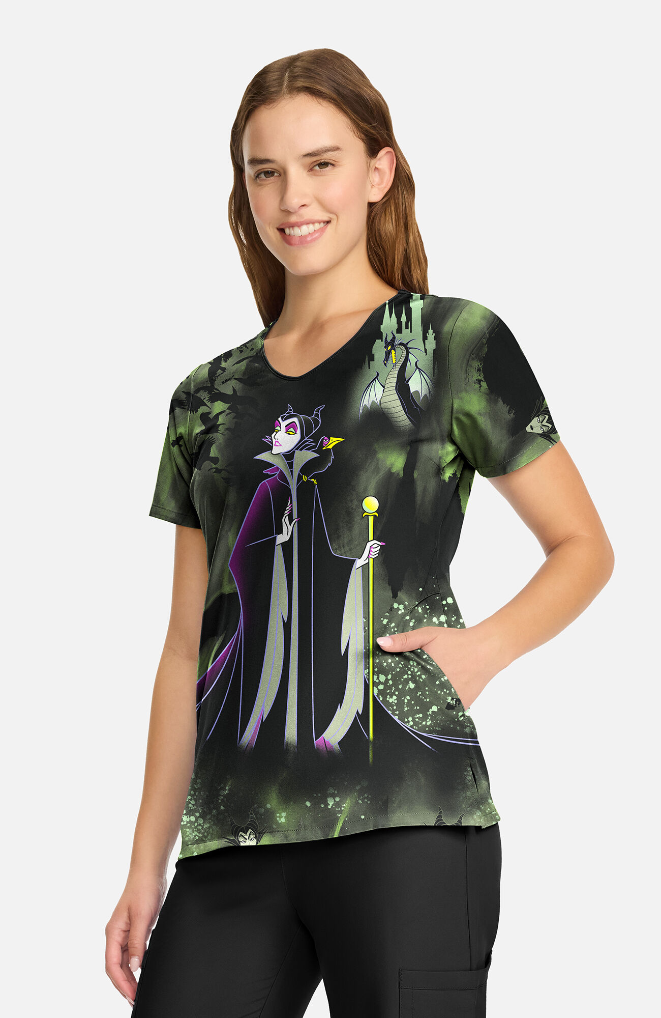 Women's Maleficent Dark Clouds Print Scrub Top, , large