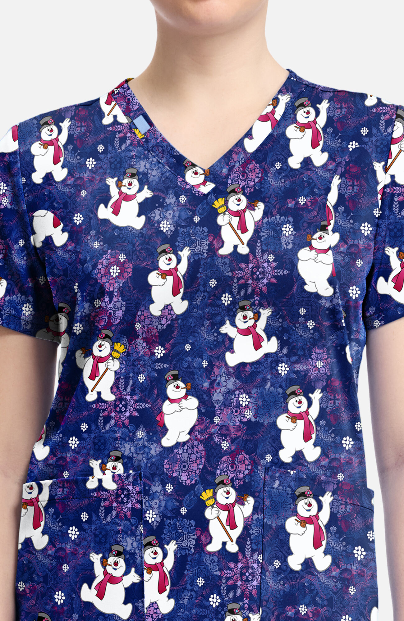 Women's Frosty Snowman Chilly Tiles Print Scrub Top, , large