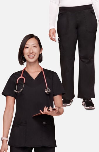 Women's Scrub Set: 3-Pocket V-Neck Stretch Top & Elastic Waist Cargo Pocket Pant Women's Scrub Set: 3-Pocket V-Neck Stretch Top & Elastic Waist Cargo Pocket Pant