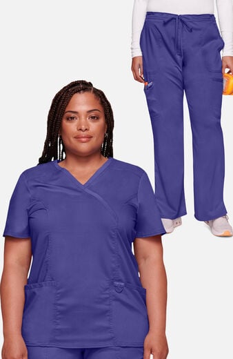 Women's Scrub Set: Shaped 3-Pocket Mock Wrap Top & Drawstring Flare Pant Women's Scrub Set: Shaped 3-Pocket Mock Wrap Top & Drawstring Flare Pant