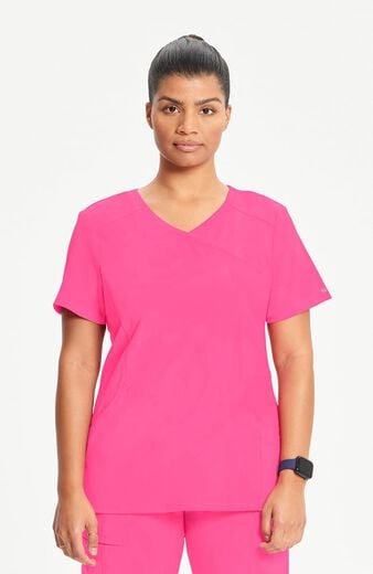 Women's 4-Pocket Knit Panel Mock Wrap Scrub Top Women's 4-Pocket Knit Panel Mock Wrap Scrub Top