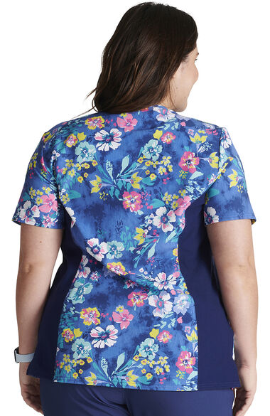 Women's Mock Wrap Blooming Tie Dye Print Scrub Top, , large