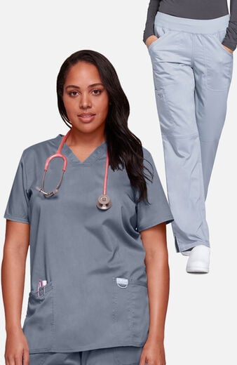 Women's Scrub Set: 3-Pocket V-Neck Stretch Top & Elastic Waist Cargo Pocket Pant Women's Scrub Set: 3-Pocket V-Neck Stretch Top & Elastic Waist Cargo Pocket Pant