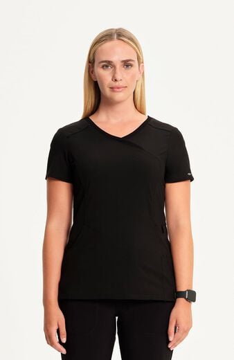Women's 4-Pocket Knit Panel Mock Wrap Scrub Top Women's 4-Pocket Knit Panel Mock Wrap Scrub Top