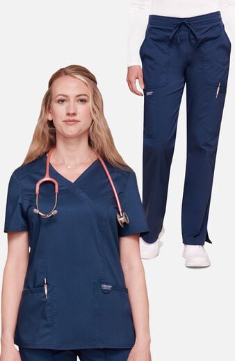 Women's Scrub Set: Shaped 3-Pocket Mock Wrap Top & Drawstring Flare Pant Women's Scrub Set: Shaped 3-Pocket Mock Wrap Top & Drawstring Flare Pant