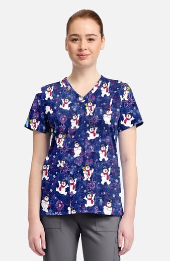 Women's Frosty Snowman Chilly Tiles Print Scrub Top Women's Frosty Snowman Chilly Tiles Print Scrub Top