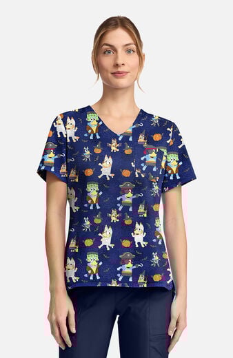 Women's Bluey Pumpkin Pups Print Scrub Top Women's Bluey Pumpkin Pups Print Scrub Top