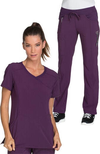 Women's Scrub set: 4-Pocket Knit Panel Mock Wrap Top & Rib Knit Drawstring Waist Pant Women's Scrub set: 4-Pocket Knit Panel Mock Wrap Top & Rib Knit Drawstring Waist Pant