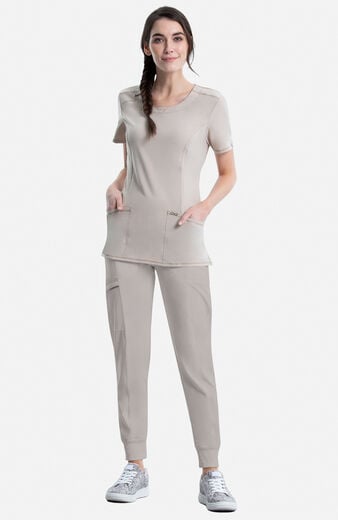 Women's Scrub Set: Split Round Neck Top & Tapered Jogger Pant Women's Scrub Set: Split Round Neck Top & Tapered Jogger Pant