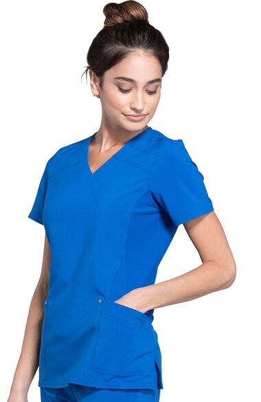 Clearance Women's Mock Wrap Soft Side Panel Solid Scrub Top, , large