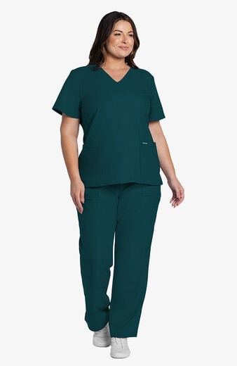 Women's Scrub Set: Rounded V-Neck Top & Drawstring Cargo Straight Leg Pant Women's Scrub Set: Rounded V-Neck Top & Drawstring Cargo Straight Leg Pant