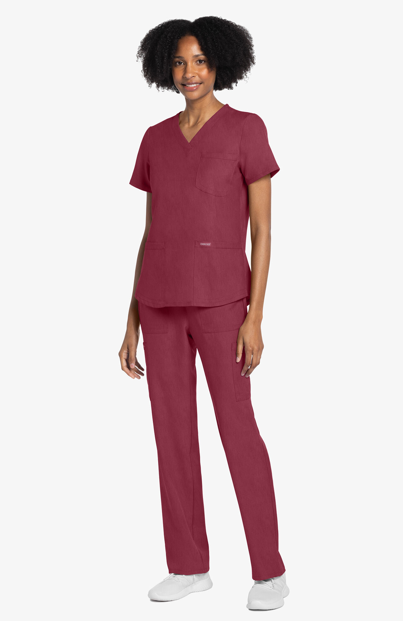 Women's 3-Pocket V-Neck Shirttail Scrub Top, HEC Heather Cranberry | red, large