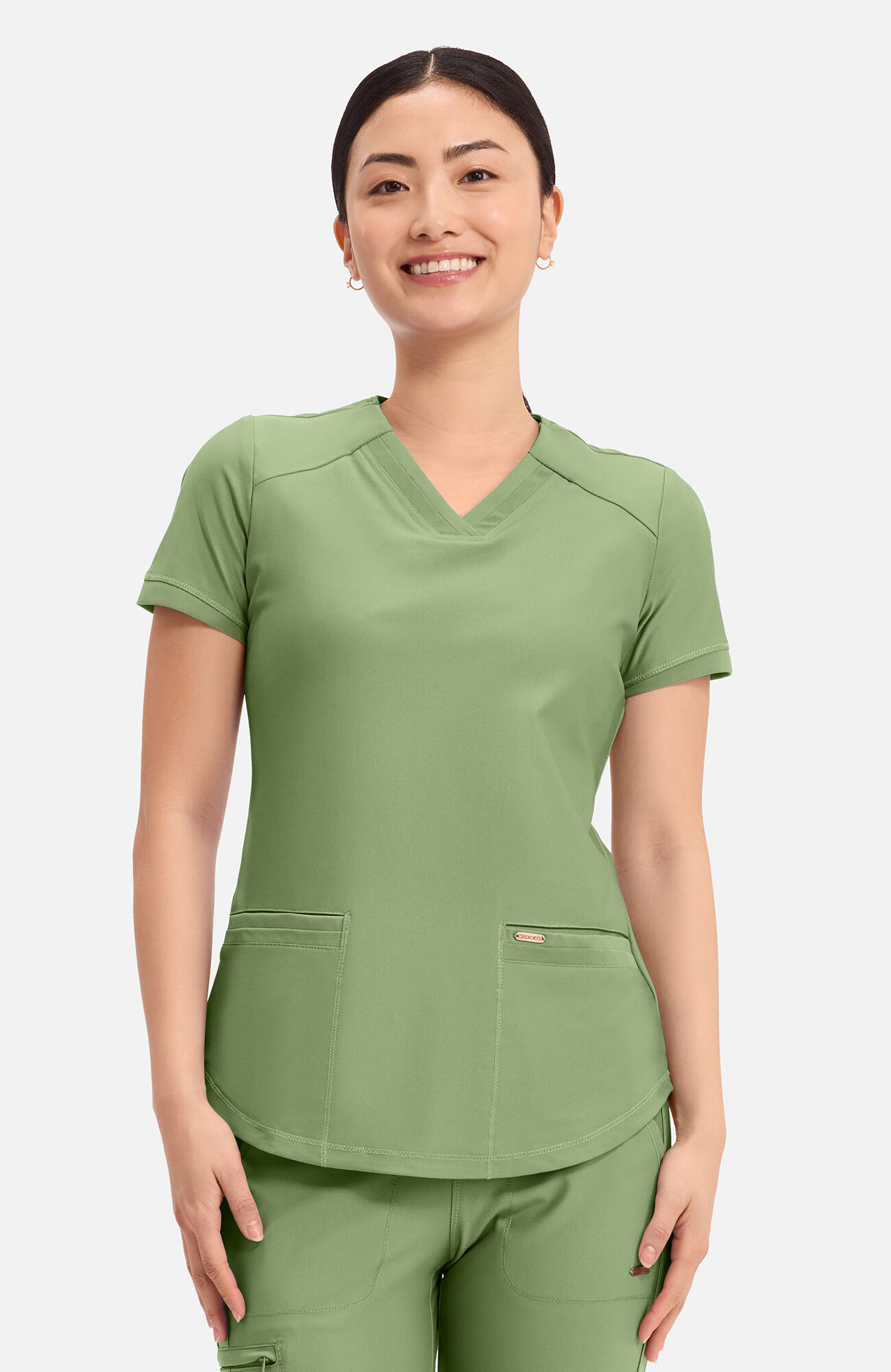 Women's Curved Hemline V-Neck Scrub Top, BRS Bright Sage | green, large