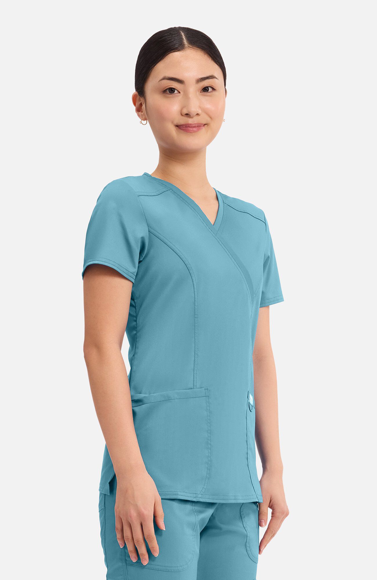 Women's Shaped 3-Pocket Mock Wrap Scrub Top, STM Soft Marine | teal, large