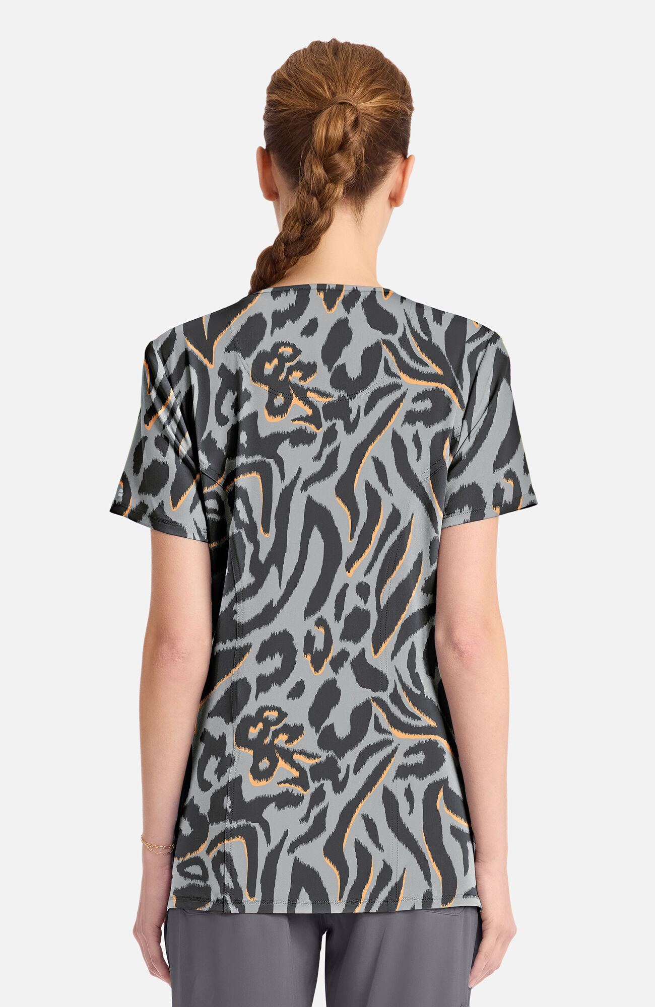 Women's Round Neck Big Cat Print Scrub Top, , large