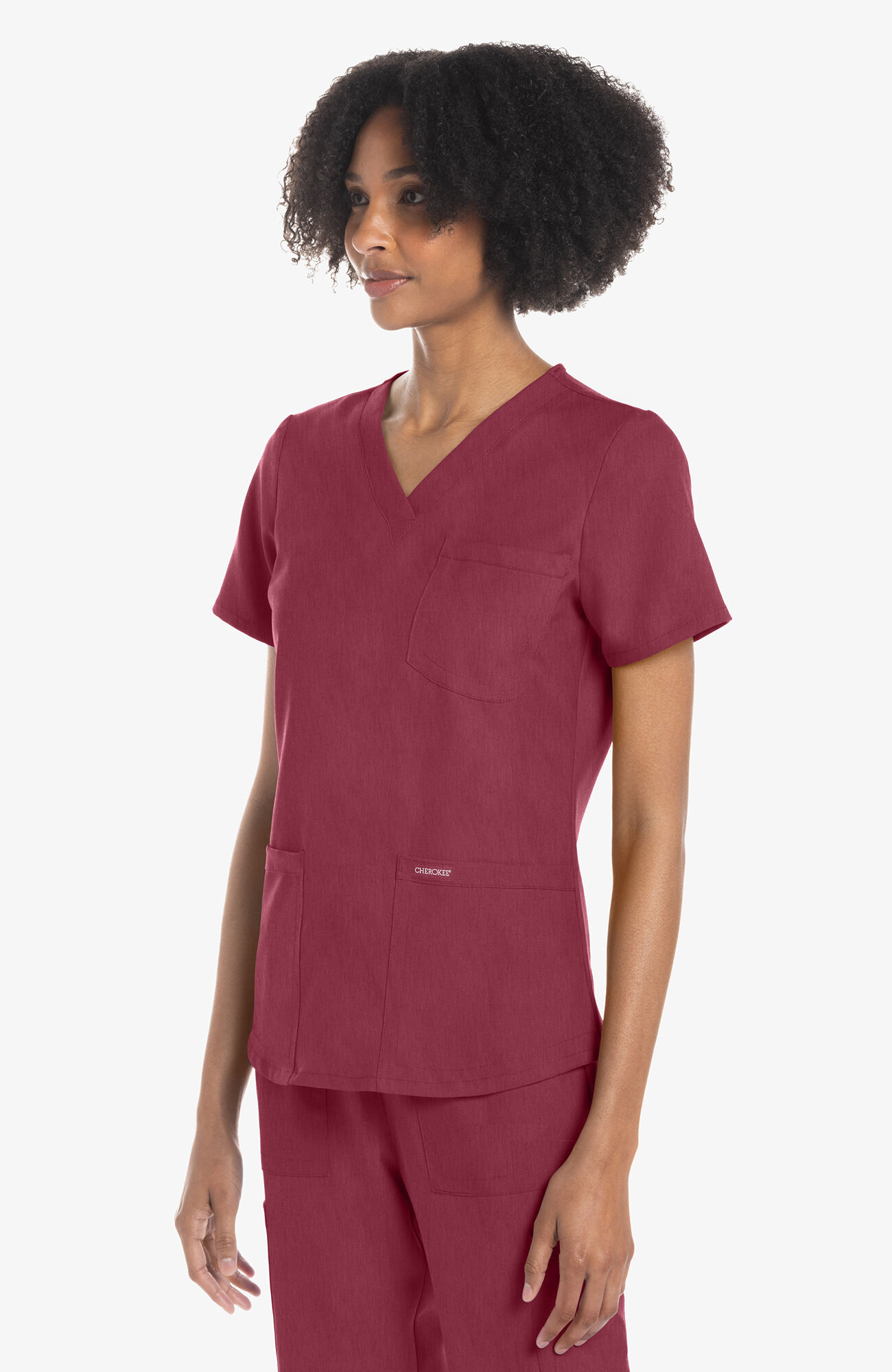 Women's 3-Pocket V-Neck Shirttail Scrub Top, HEC Heather Cranberry | red, large