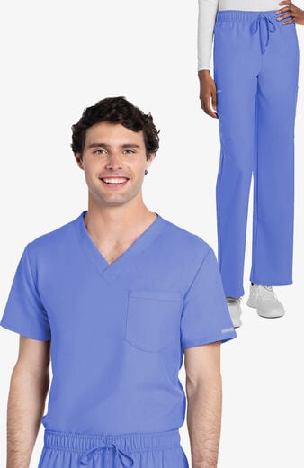 Unisex Scrub Set: Tuck-In 1-Pocket V-Neck Top & 3-Pocket Straight Leg Drawstring Pant Unisex Scrub Set: Tuck-In 1-Pocket V-Neck Top & 3-Pocket Straight Leg Drawstring Pant