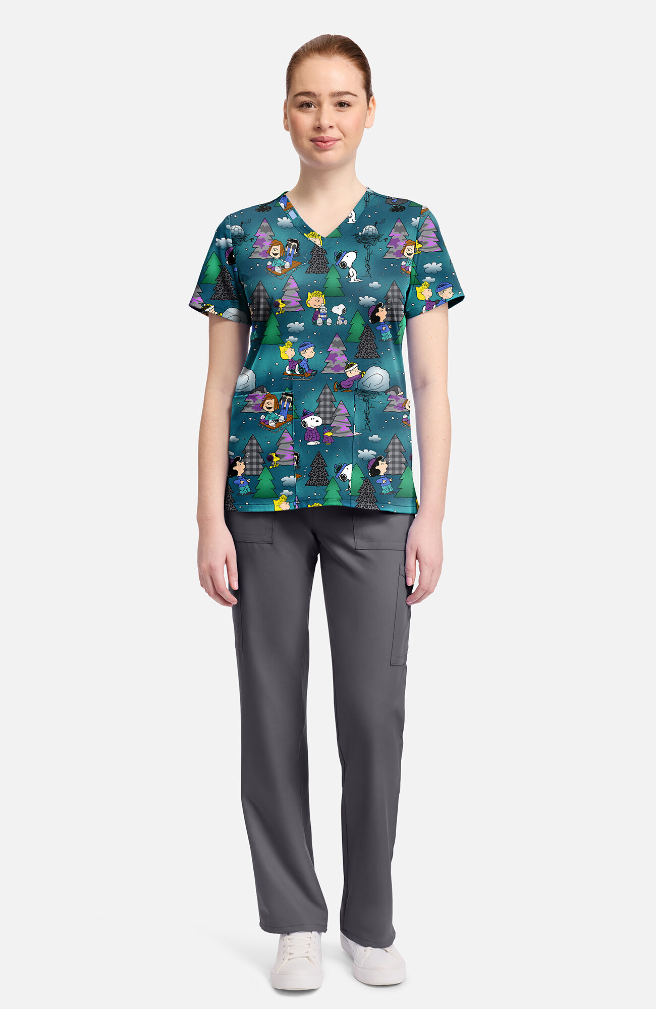 Women's Snoopy Winter Forest Print Scrub Top, , large
