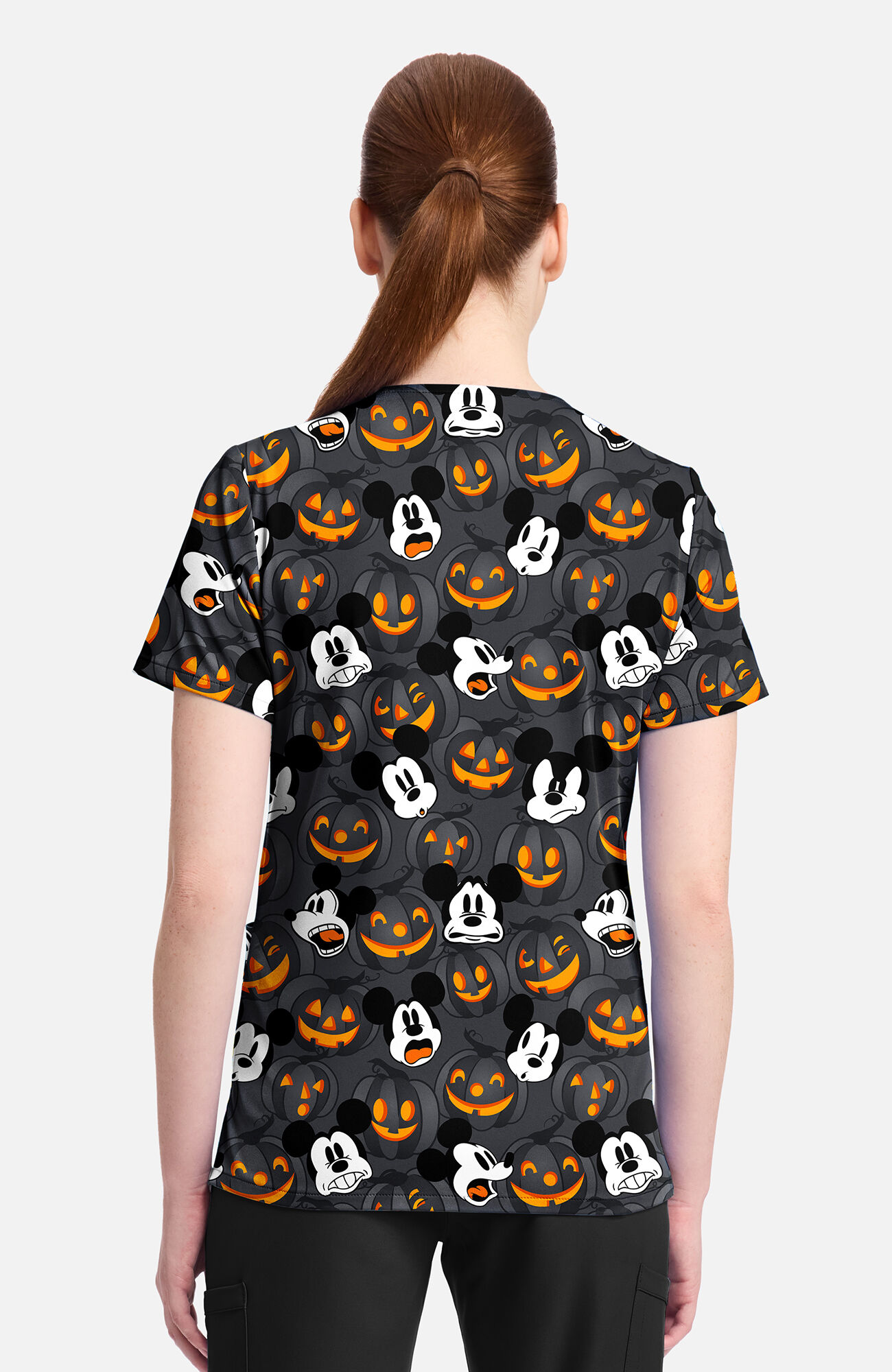 Women's Mickey Scaredy Pumpkin Print Scrub Top, , large