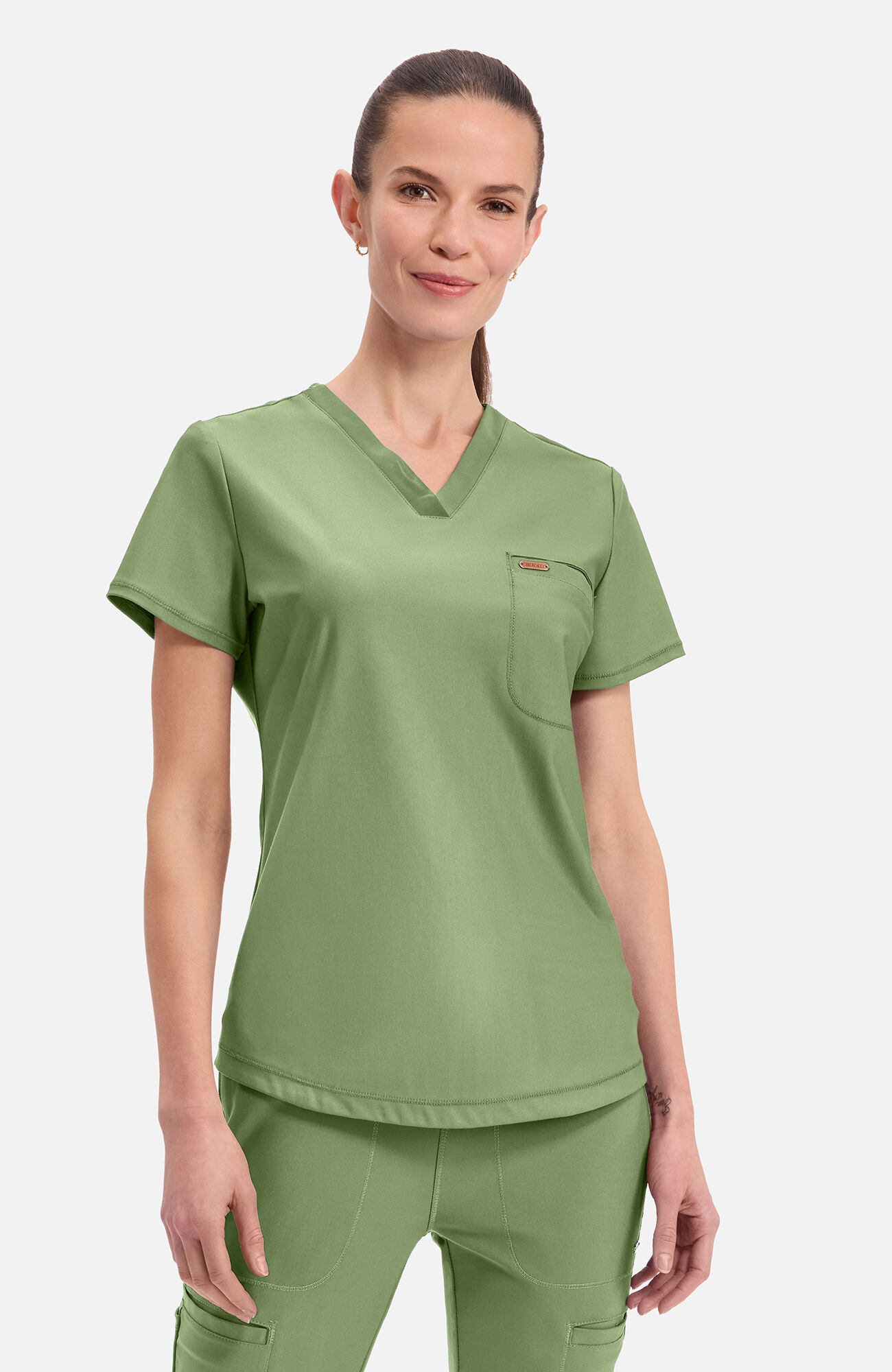 Women's Tuck-In Knit Mesh V-Neck Scrub Top, BRS Bright Sage | olive, large