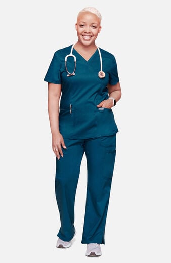 Women's Scrub Set: Shaped 3-Pocket Mock Wrap Top & Drawstring Flare Pant Women's Scrub Set: Shaped 3-Pocket Mock Wrap Top & Drawstring Flare Pant
