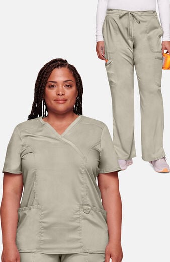 Women's Scrub Set: Shaped 3-Pocket Mock Wrap Top & Drawstring Flare Pant Women's Scrub Set: Shaped 3-Pocket Mock Wrap Top & Drawstring Flare Pant
