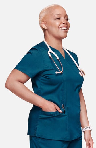 Women's Scrub Set: Shaped 3-Pocket Mock Wrap Top & Drawstring Flare Pant Women's Scrub Set: Shaped 3-Pocket Mock Wrap Top & Drawstring Flare Pant