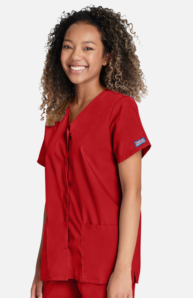 Short sleeve snap clearance front scrub top
