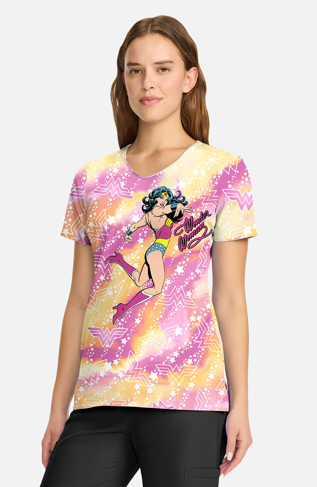 Women's Tiger Tie Dye Wonder Woman Print Scrub Top, , large