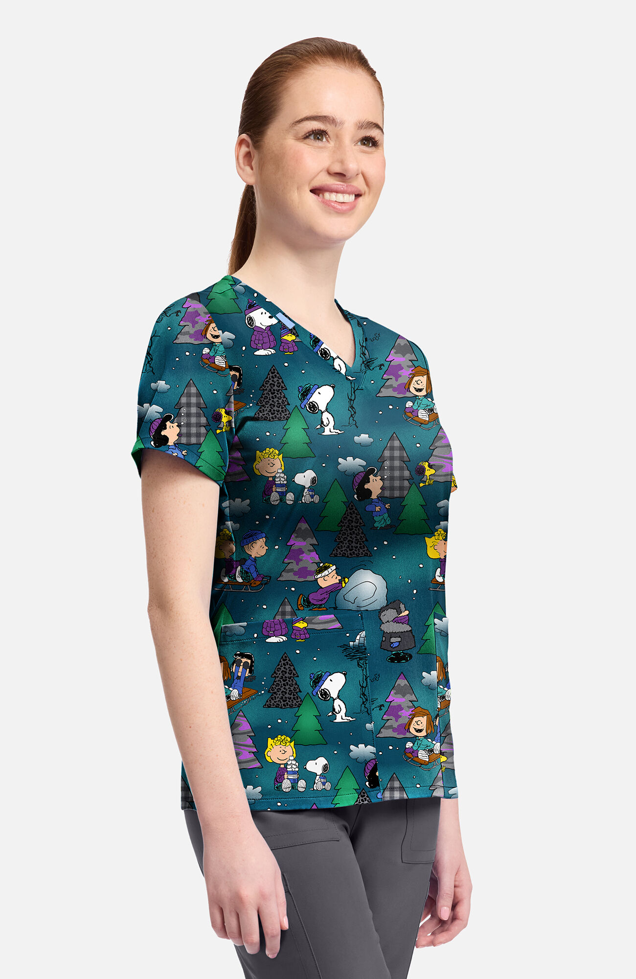 Women's Snoppy Winter Forest Print Scrub Top, , large